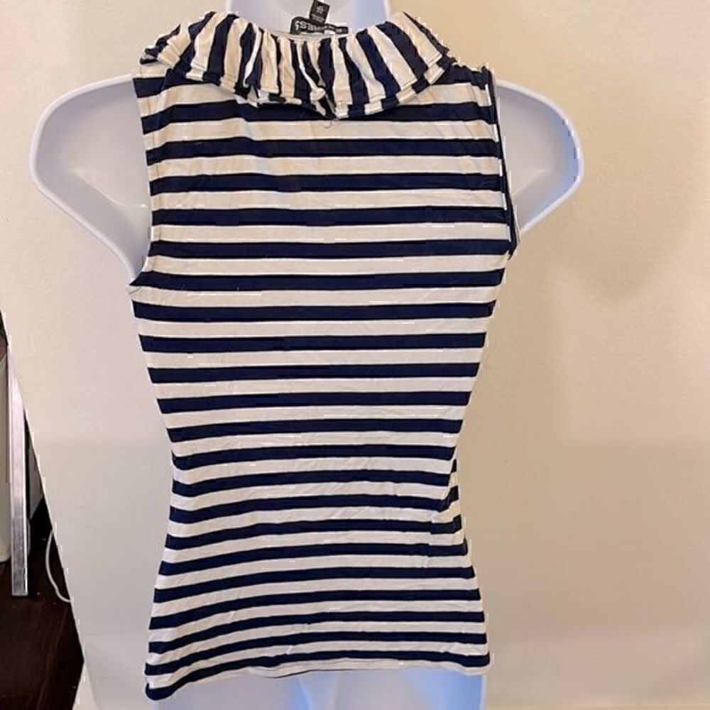 Express  Navy and White Striped Ruffle Top Size XSP - Picture 2 of 4